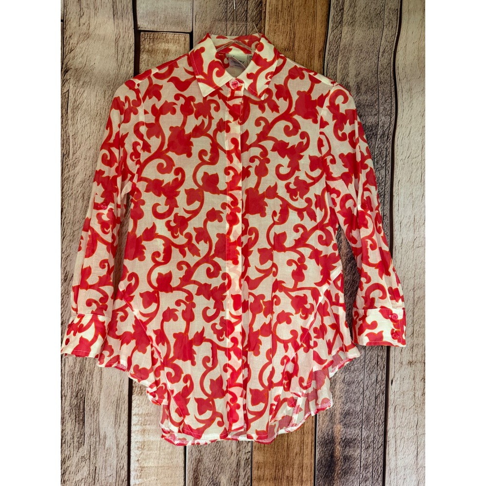 Finley Blouse Printed Button Front Shirt Red Cream Cotton Resort Summer Size XS